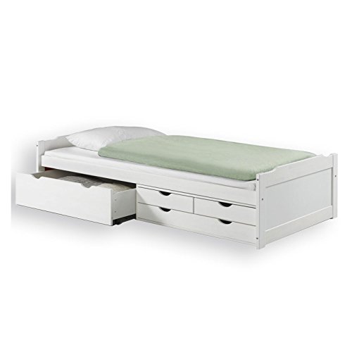 IDIMEX Bett mit Stauraum Andrea Kiefer massiv Weiss Bett 90x200 cm (B x L) 4 Schubladen Gästebett von IDIMEX