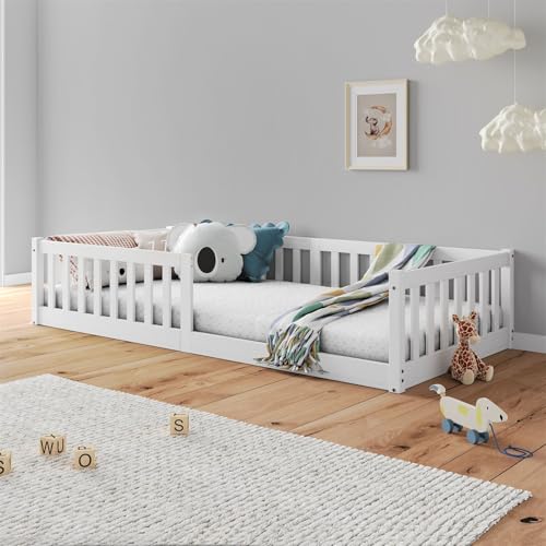 IDIMEX Bodenbett Gustavo mit Lattenrost und Rausfallschutz 90 x 190, Weiß – Montessori Kinderbett aus Massivholz, bodentiefes Einzelbett, sicherer Einstieg für Kinder, wechselseitiger Rausfallschutz von IDIMEX
