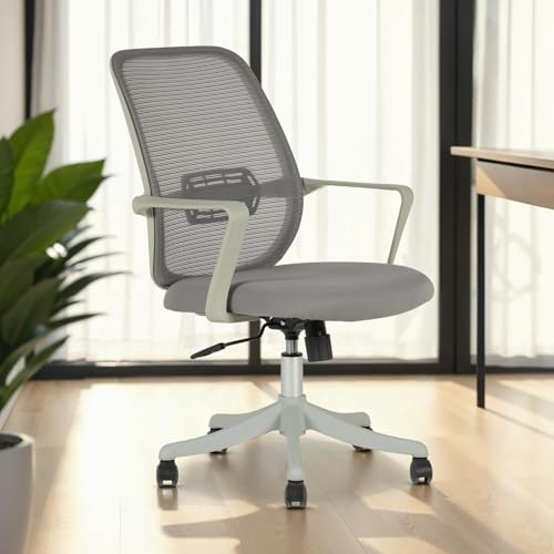 Bürodrehstuhl MOLLIS höhenverstellbar mit Armlehnen in weiß & Mesh-Bezug in grau - Ergonomisch gepolstert & atmungsaktive Rückenlehne, Drehstuhl mit Rollen für Harte & weiche Böden von IDIMEX