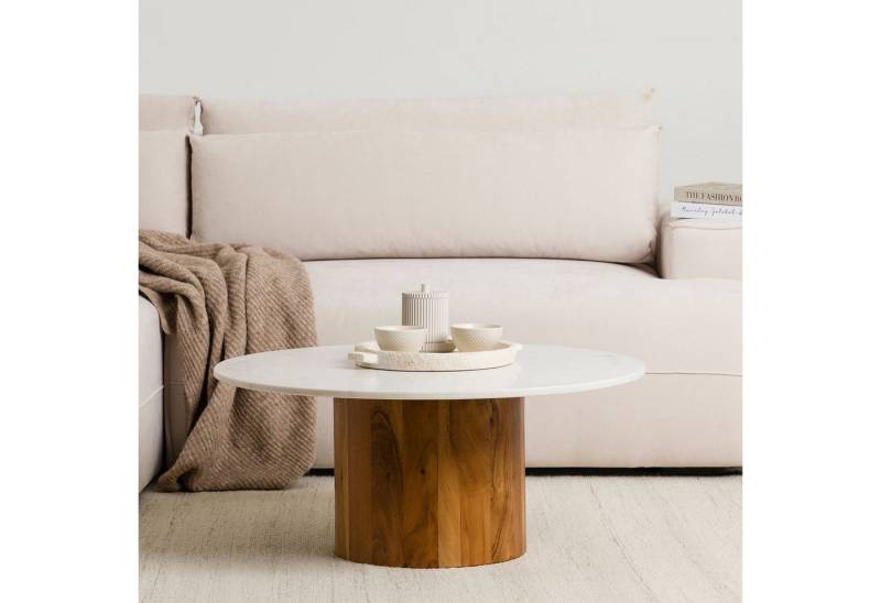 IDIMEX Couchtisch GANGA, Wohnzimmertisch rund 80 cm, mit Marmorplatte und Akazie Weiß/Natur von IDIMEX