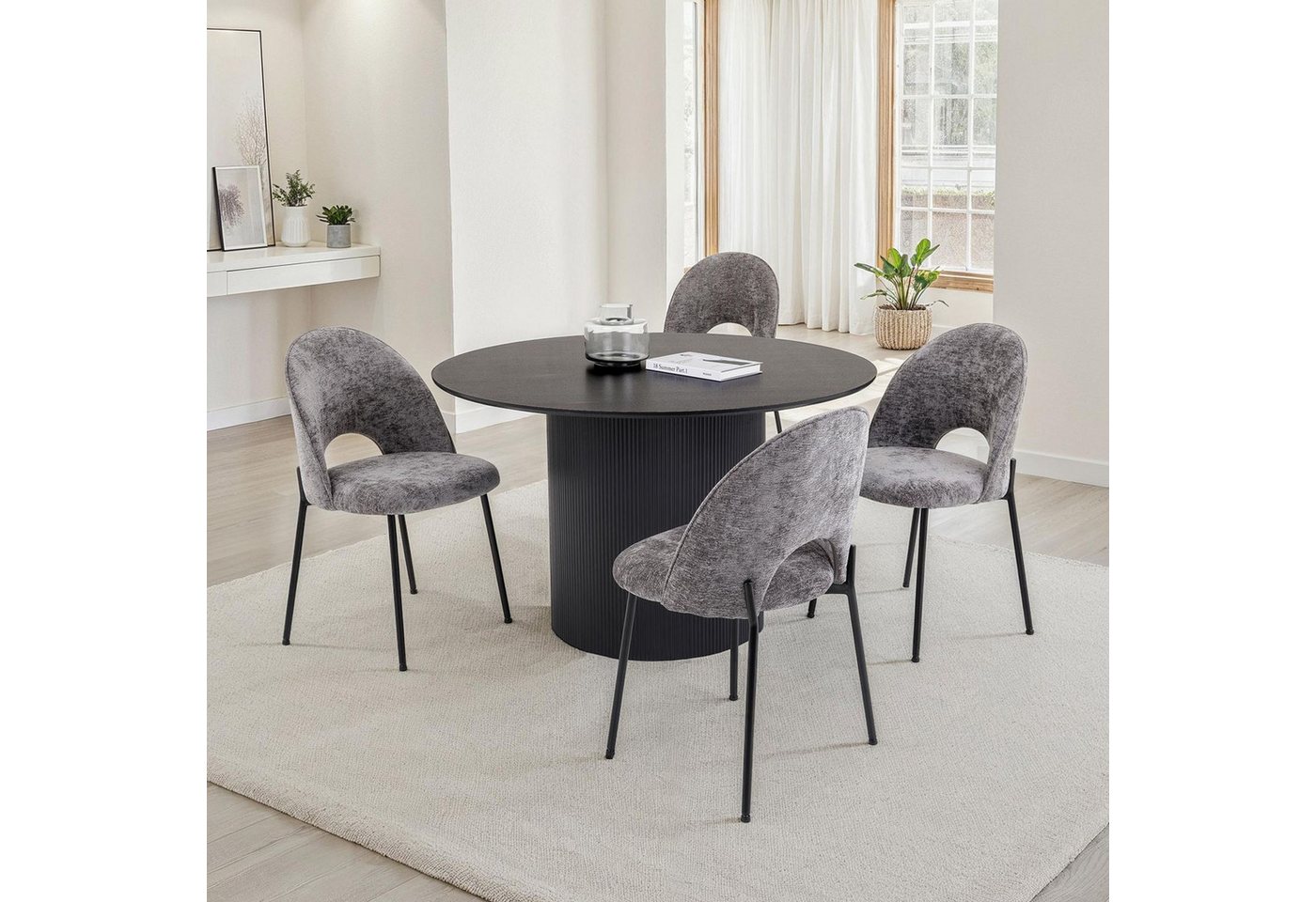 IDIMEX Essgruppe VIANNEY, Runder Esstisch mit Stühlen & Stoffbezug modernes Design Schwarz grau von IDIMEX