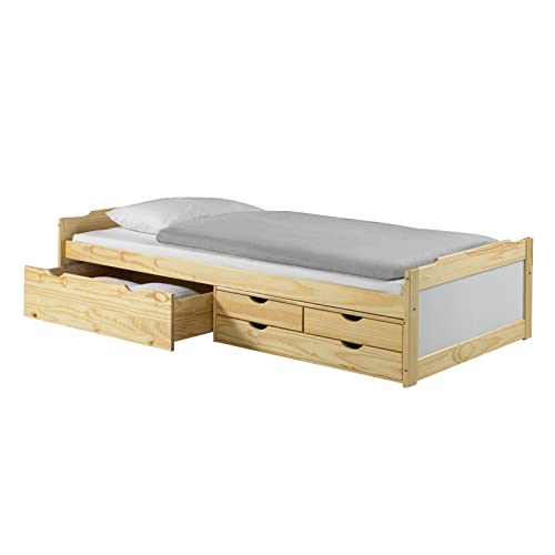 IDIMEX Bett mit Stauraum Andrea Kiefer massiv Weiss/Natur 90x200 cm, Gästebett Tagesbett, 4 Schubladen von IDIMEX
