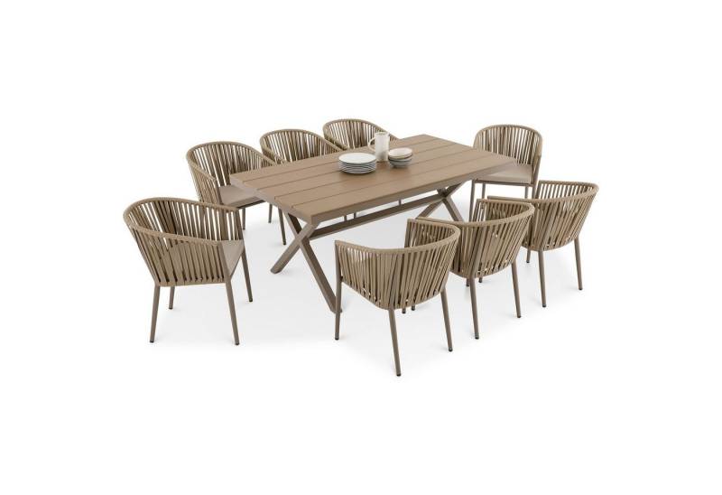 IDIMEX Garten-Essgruppe ISOLA, Gartenmöbelset mit 8 Stühlen und Tisch mit Alu & Holzoptik champagner von IDIMEX
