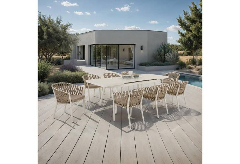 IDIMEX Garten-Essgruppe SUNNY, Gartenmöbel Set mit 8 Stühlen & ausziehbarem Tisch weiß/beige von IDIMEX