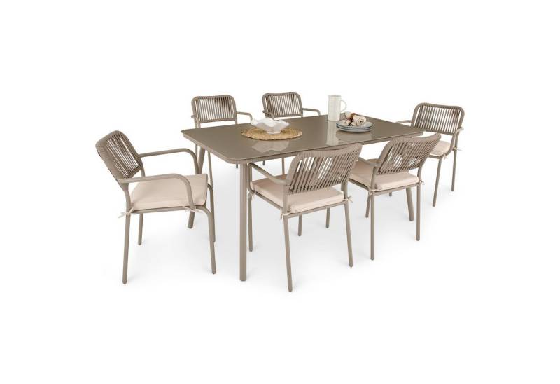 IDIMEX Garten-Essgruppe VOLONTE, Sitzgruppe 6 Stühle mit Kissen & Tisch mit Glasplatte champagner von IDIMEX
