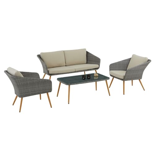 IDIMEX Gartenmöbel Antalya: Komfortables Lounge Set mit Zweisitzer, Sesseln & Tisch, Polyrattan - Grau/Beige von IDIMEX