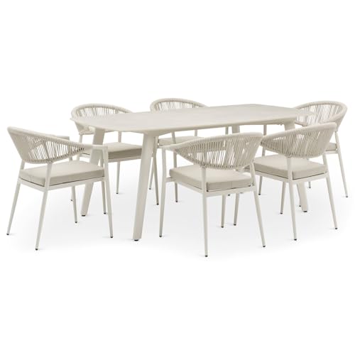 IDIMEX Gartenmöbel Set Gartenmöbelset mit 1 Tisch und 6 Stühlen, Tischgröße 180 x 90 x 75, Cremeweiß – aus pulverbeschichtetem Aluminium mit robuster Keramik-Tischplatte, wetterfest mit Sitzkissen von IDIMEX