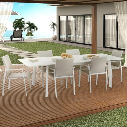 IDIMEX Gartenmöbel Set Verano, weiß/beige - mit 6 Stühlen und ausziehbarem Gartentisch, Aluminium und wetterfeste Textilene, stapelbar, strapazierfähig, Outdoor-Möbel, Balkonmöbel, Terrassenmöbel von IDIMEX