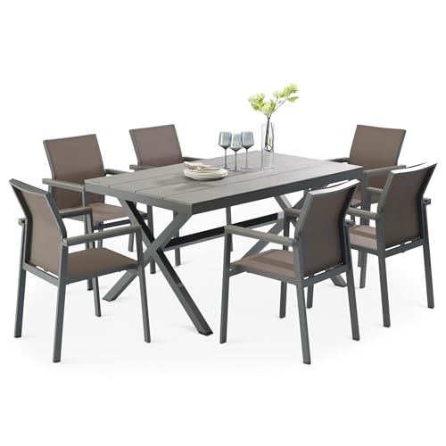 IDIMEX Gartenmöbel Set Windy mit 1 Tisch und 6 Stühlen aus Alu und WPC in grau/braun, Esstisch Set in Holzoptik, Stühle mit Netz witterungsbeständig bespannt, Gartensitzgruppe. IDIMEX Gartenmöbel Set Windy mit 1 Tisch und 6 Stühlen aus Alu und WPC in grau/braun, Esstisch Set in Holzoptik, Stühle mit Netz witterungsbeständig bespannt, Gartensitzgruppe. von IDIMEX