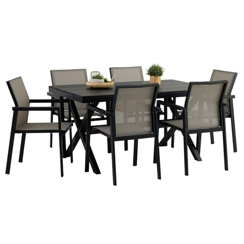 IDIMEX Gartenmöbel Set Windy mit 1 Tisch und 6 Stühlen aus Alu und WPC in schwarz/grau, Esstisch Set in Holzoptik, Stühle mit Netz witterungsbeständig bespannt, Gartensitzgruppe. von IDIMEX
