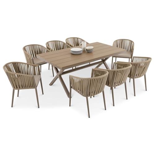 IDIMEX Gartenmöbelset ISOLA mit 8 Stühlen, Champagner – wetterfeste Essgruppe, Gartentisch 180 x 100 cm mit WPC Tischplatte und stapelbare Gartenstühle inkl. Kissen für Terrasse & Balkon von IDIMEX