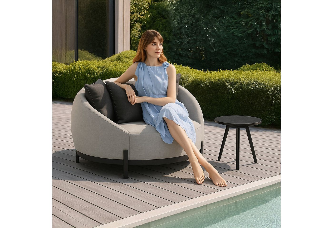 IDIMEX Gartensofa BARI, Rundes Gartensofa Set mit 3 Kissen, Abdeckhaube und Beistelltisch grau von IDIMEX