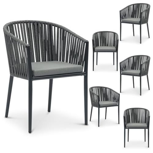 IDIMEX Gartenstuhl ISOLA 6er Set, schwarz/anthrazit, Outdoor-Stuhl mit pulverbeschichtetem Aluminiumgestell, Rope Bespannung. Wasserabweisende, strapazierfähige Polster. von IDIMEX