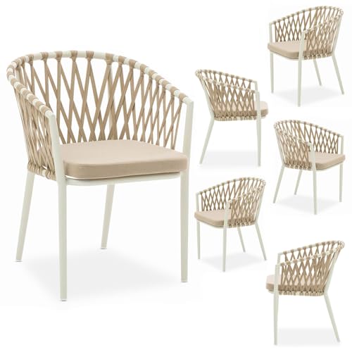 IDIMEX Gartenstuhl Sunny 6er Set, weiß/Champagner, robuste Outdoor-Stühle mit Rope Bespannung. Wasserabweisende Sitzkissen, Gestell aus pulverbeschichtetem Aluminium. von IDIMEX