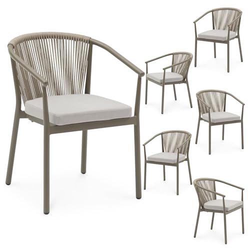 IDIMEX Gartenstuhl TAVOLO 6er Set, Champagner – wetterfestes Aluminiumgestell mit Rope-Rückenlehne und Sitzkissen, stapelbar pflegeleicht modern Gartensessel Outdoor von IDIMEX