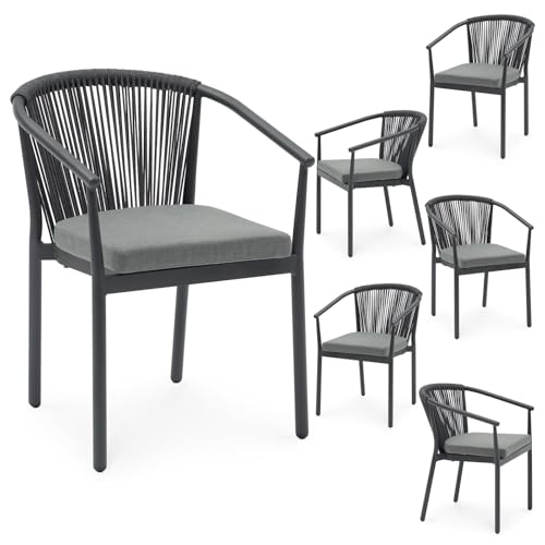 IDIMEX Gartenstuhl TAVOLO 6er Set, anthrazit – wetterfestes Aluminiumgestell schwarz mit Rope-Rückenlehne und Sitzkissen, stapelbar pflegeleicht modern Gartensessel Outdoor von IDIMEX