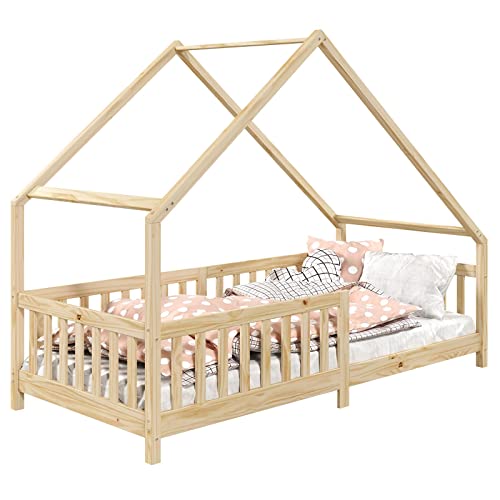 IDIMEX Hausbett CORA aus massiver Kiefer, Montessori Bett in 90 x 200 cm, Kinderbett mit Rausfallschutz und Dach von IDIMEX