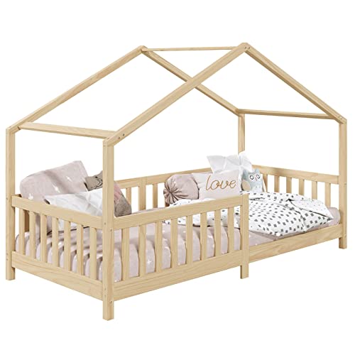 IDIMEX Hausbett LISAN aus massiver Kiefer in Natur, schönes Montessori Bett in 90 x 200 cm, stabiles Kinderbett mit Rausfallschutz und Dach von IDIMEX