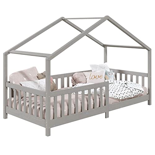 IDIMEX Hausbett LISAN aus massiver Kiefer in grau, schönes Montessori Bett in 90 x 200 cm, stabiles Kinderbett mit Rausfallschutz und Dach von IDIMEX