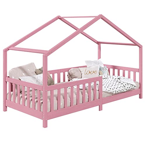 IDIMEX Hausbett LISAN aus massiver Kiefer in rosa, schönes Montessori Bett in 90 x 200 cm, stabiles Indianerbett mit Rausfallschutz und Dach von IDIMEX