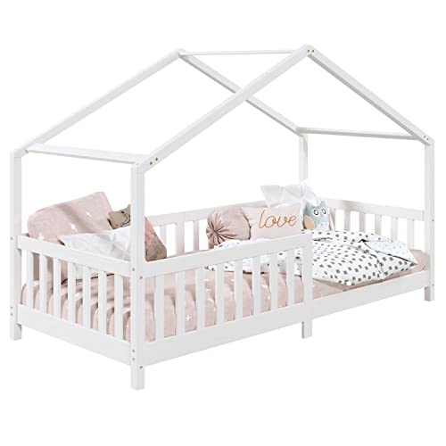 Hausbett LISAN aus massiver Kiefer in weiß, schönes Montessori Bett in 90 x 200 cm, stabiles Indianerbett mit Rausfallschutz und Dach von IDIMEX