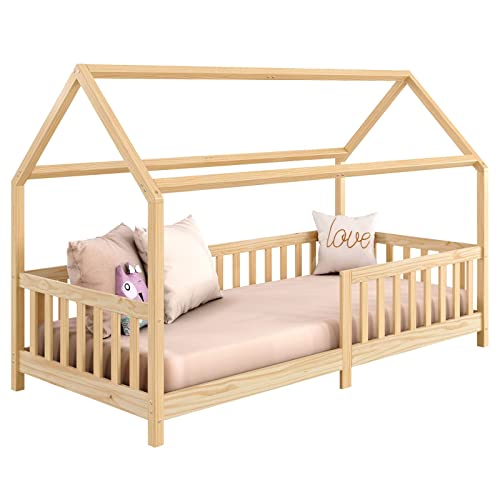 IDIMEX Hausbett NINA aus massiver Kiefer, schönes Montessori Bett in 90 x 200, minimalistisches Kinderbett mit Dach Natur von IDIMEX