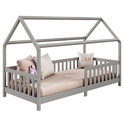 Hausbett NINA aus massiver Kiefer, schönes Montessori Bett in 90 x 200, minimalistisches Kinderbett mit Dach in grau Hausbett NINA aus massiver Kiefer, schönes Montessori Bett in 90 x 200, minimalistisches Kinderbett mit Dach in grau von IDIMEX