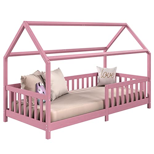 IDIMEX Hausbett NINA aus massiver Kiefer in rosa, schönes Montessori Bett in 90 x 200, süßes Indianerbett mit Dach von IDIMEX