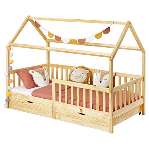 IDIMEX Hausbett NUNA aus massiver Kiefer, Montessori Bett in 90 x 200 cm mit Rausfallschutz, Spielbett mit Schubladen, modernes Kinderbett mit Dach in Natur von IDIMEX