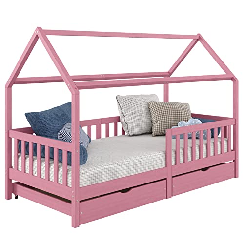 IDIMEX Hausbett NUNA aus massiver Kiefer, Montessori Bett in 90 x 200 cm mit Rausfallschutz, Spielbett mit Schubladen, modernes Kinderbett mit Dach in rosa von IDIMEX