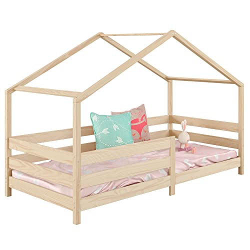 IDIMEX Hausbett RENA aus massiver Kiefer in Natur, schönes Montessori Bett mit Rausfallschutz, stabiles Kinderbett in 90 x 200 cm von IDIMEX