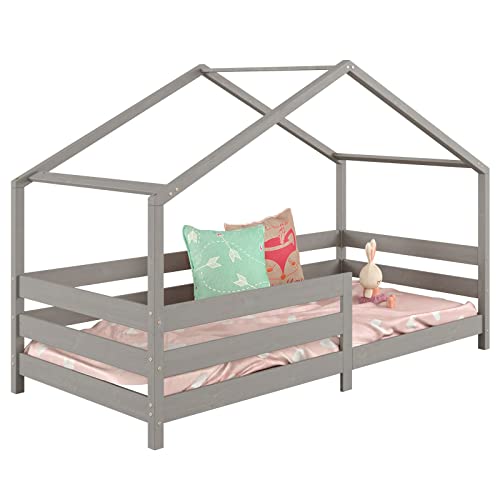 IDIMEX Hausbett RENA aus massiver Kiefer in grau, schönes Montessori Bett mit Rausfallschutz, stabiles Kinderbett in 90 x 200 cm von IDIMEX