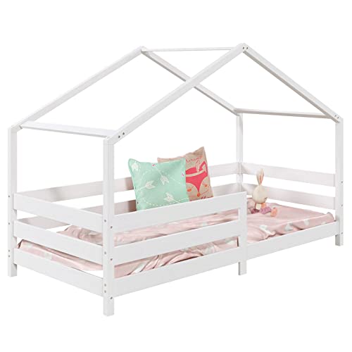 IDIMEX Hausbett RENA aus massiver Kiefer in weiß, schönes Montessori Bett mit Rausfallschutz, stabiles Kinderbett in 90 x 200 cm von IDIMEX