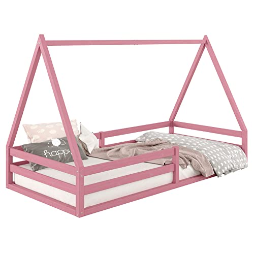 IDIMEX Hausbett SILA aus massiver Kiefer, schönes Montessori Bett in 90 x 200 cm, stabiles Kinderbett mit Rausfallschutz und Dach in rosa von IDIMEX