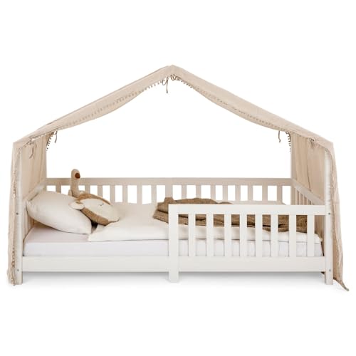 IDIMEX Hausbett-Vorhang LIAN 1 Stück, Beige – aus doppellagigem Musselin mit Pompons an den Seiten, 6 Schlaufen zum Befestigen, Bett Deko für Kinderzimmer, weich & atmungsaktiv von IDIMEX