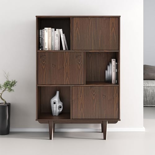 IDIMEX Highboard Simona mit 3 Türen, Nussbaum Farben– Wohnzimmer Kommode mit Push-to-Open Regal mit Türen Vintage Highboard Wohnzimmerschrank Modern Retro Schrank Holz Design Highboard Nussbaum von IDIMEX
