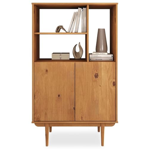 IDIMEX Highboard Simona mit offenem Regal in Massivholz Eiche Farben – Wohnzimmer Kommode mit 3 offenen Fächern und 2 Türen – Bücherregal mit Türen – Retro Holzschrank von IDIMEX