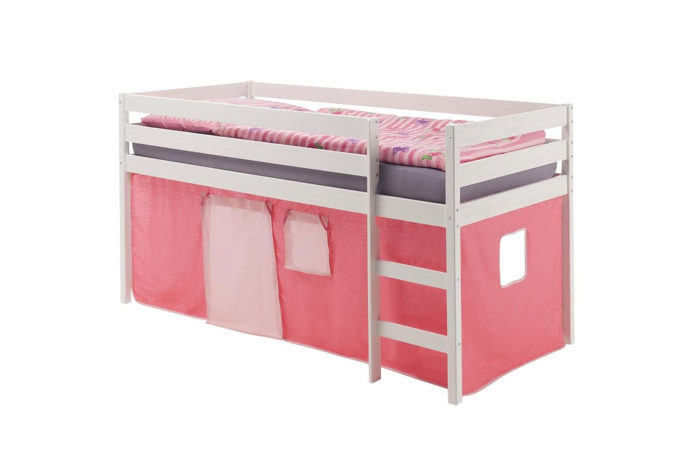 IDIMEX Hochbett ERIK Hochbett Spielbett Kinderbett Kiefer massiv weiss Vorhang pink/rosa 90 von IDIMEX