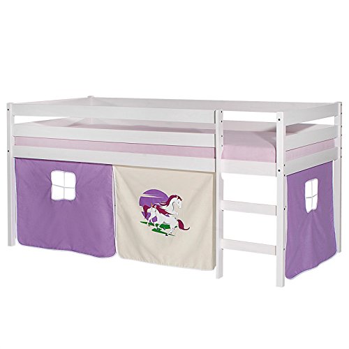 IDIMEX Hochbett Erik Kinderbett Spielbett Etagenbett Stockbett Holzbett, Vorhang mit Motiv Einhorn lila, Kiefer massiv weiß lackiert, 90 x 200 cm von IDIMEX