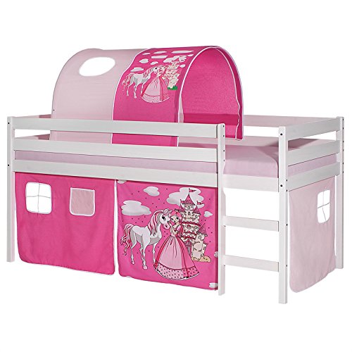IDIMEX Hochbett Erik Kinderbett Spielbett Etagenbett Stockbett Holzbett, Vorhang und Tunnel mit Motiv Prinzessin rosa, Kiefer massiv weiß lackiert, 90 x 200 cm von IDIMEX