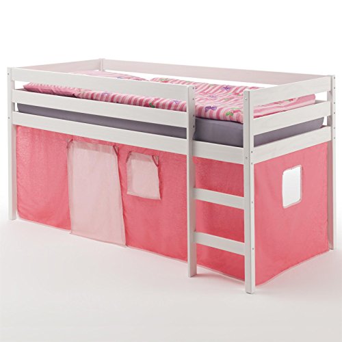 IDIMEX Hochbett Spielbett Bett Erik, Kiefer massiv, Weiss lackiert mit Vorhang in pink/rosa von IDIMEX