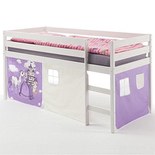 IDIMEX Hochbett für Kinder Spielbett Erik, Kiefer massiv, weiß lackiert mit Vorhangset Prinzessin 90 x 200 cm (B x L) von IDIMEX