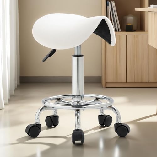 Hocker IRVON mit Sattelsitz, weiß – Sattelhocker höhenverstellbar und ergonomisch, Rollhocker für Praxis Friseur oder Büro, mit Fußring auf Rollen drehbarer Praxishocker von IDIMEX