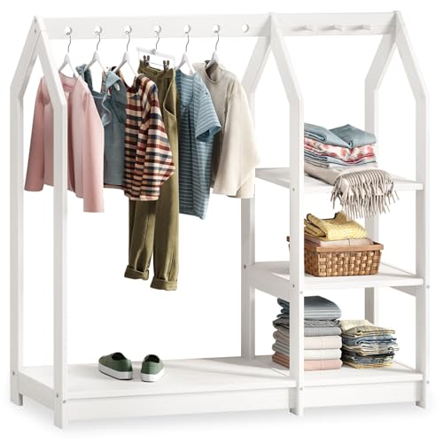 IDIMEX Kinder Kleiderständer Sally, weiß - Kinderzimmer Schrank Hausform, offener Kleiderschrank nach Montessori aus Kiefer mit 7 Löchern für Kleiderbügel, 4 Ablageböden, Garderobenständer von IDIMEX