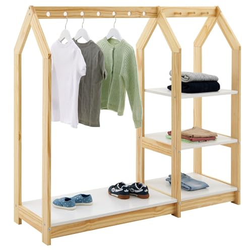 IDIMEX Kinder Kleiderständer Sally, Natur/weiß - Kinderzimmer Schrank Hausform, offener Kleiderschrank nach Montessori aus Kiefer mit 7 Löchern für Kleiderbügel, 4 Ablageböden, Garderobenständer von IDIMEX