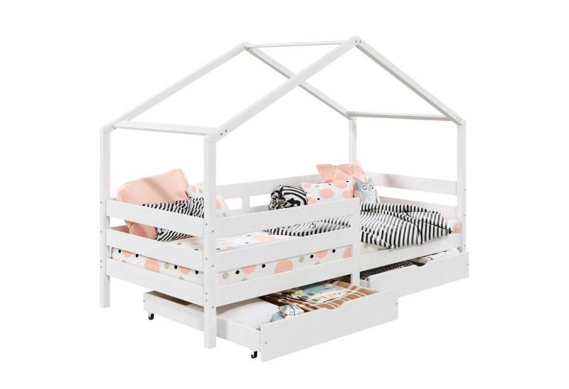IDIMEX Kinderbett ENA, Hausbett Montessori 90 x 200 Bett Rausfallschutz Kiefer Schubladen Kin von IDIMEX