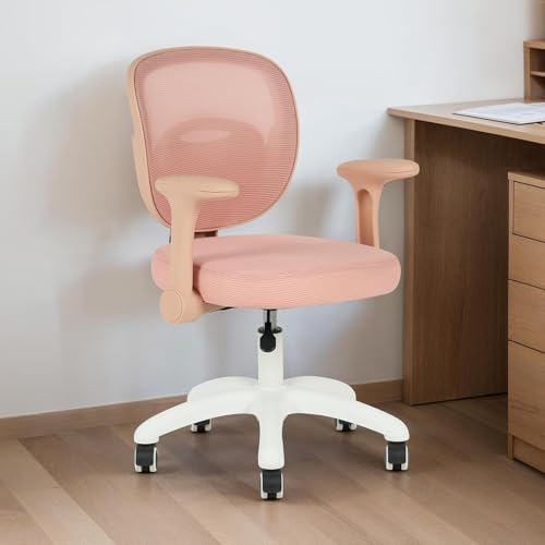 IDIMEX Kinderdrehstuhl Amelia höhenverstellbar mit Armlehnen in Pink - Ergonomischer Kinder-Schreibtischstuhl mit Mesh Rückenlehne & weißes Fußkreuz mit 5 Rollen. von IDIMEX