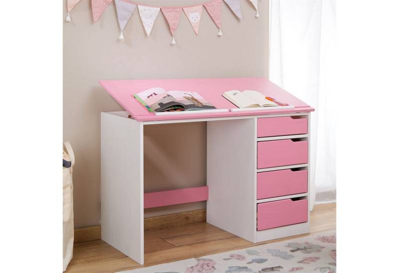 IDIMEX Kinderschreibtisch EMMA, Schreibtisch mit Schubladen, neigbare Tischplatte aus massivholz rosa von IDIMEX