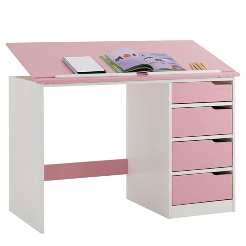 IDIMEX Kinderschreibtisch aus massiver Kiefer in weiß/rosa, praktischer Schreibtisch mit neigungsverstellbarer Tischplatte, schöner Jugendschreibtisch mit 4 Schubladen von IDIMEX