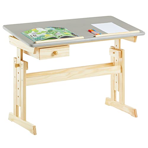 IDIMEX Kinderschreibtisch Flexi mit Kippfunktion und Höhenverstellung, praktischer Schreibtisch aus massiver Kiefer in Natur/grau von IDIMEX